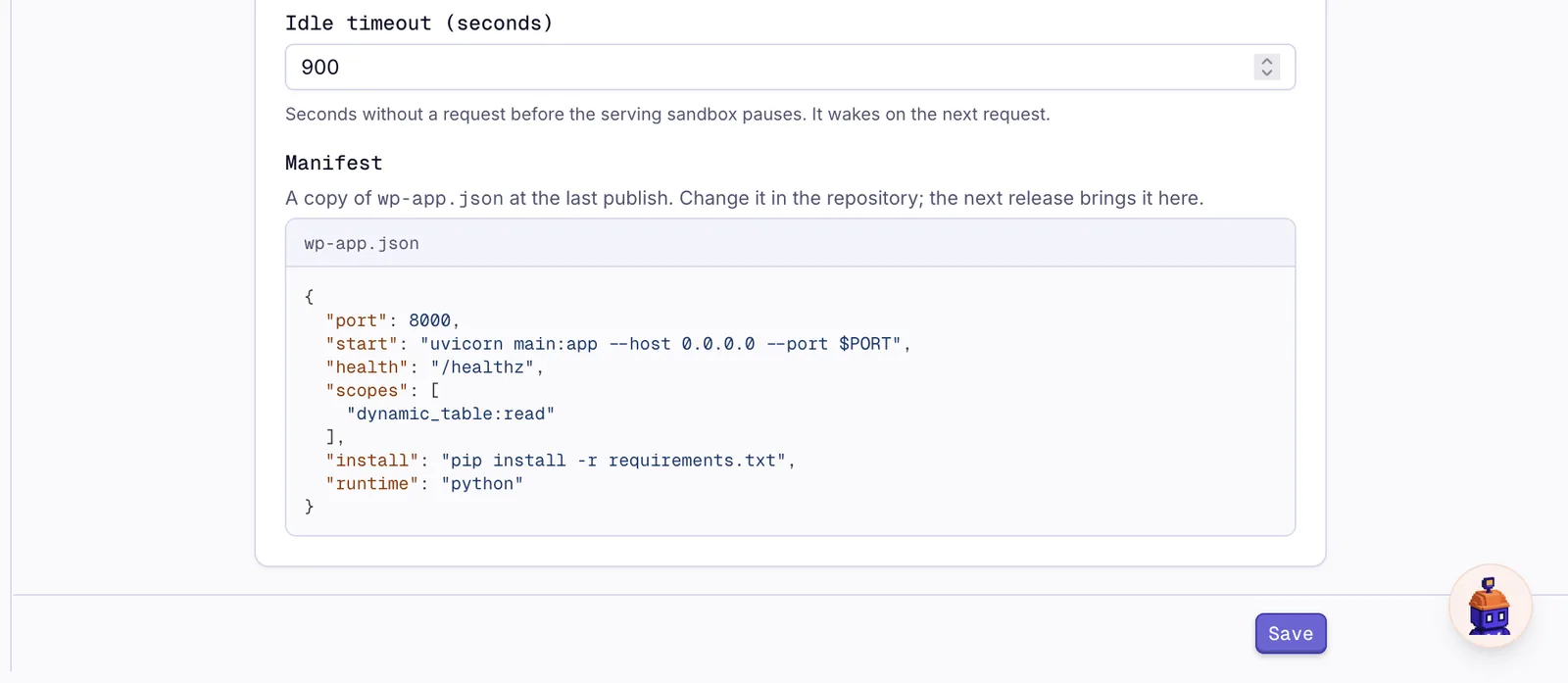 App settings: the idle timeout and the wp-app.json manifest with port, start command, health check, requested data scope, install command and runtime