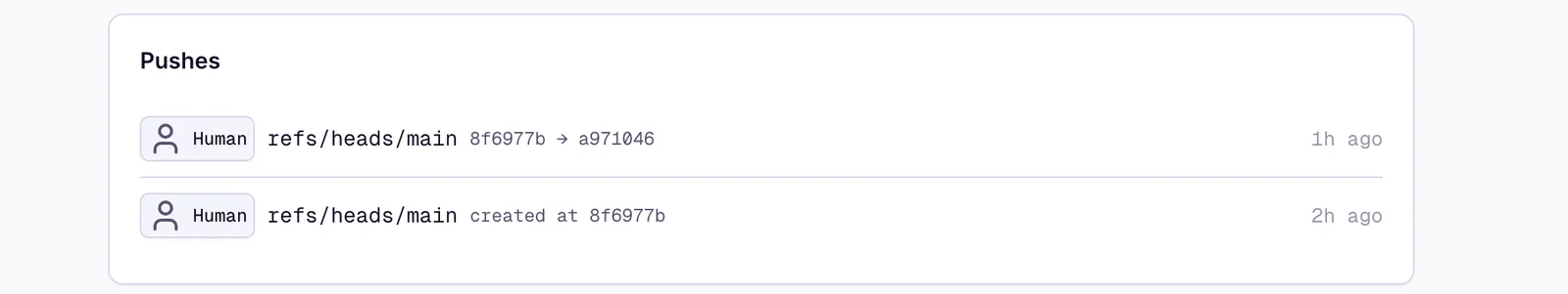 The repository's push log: two pushes to main by a human