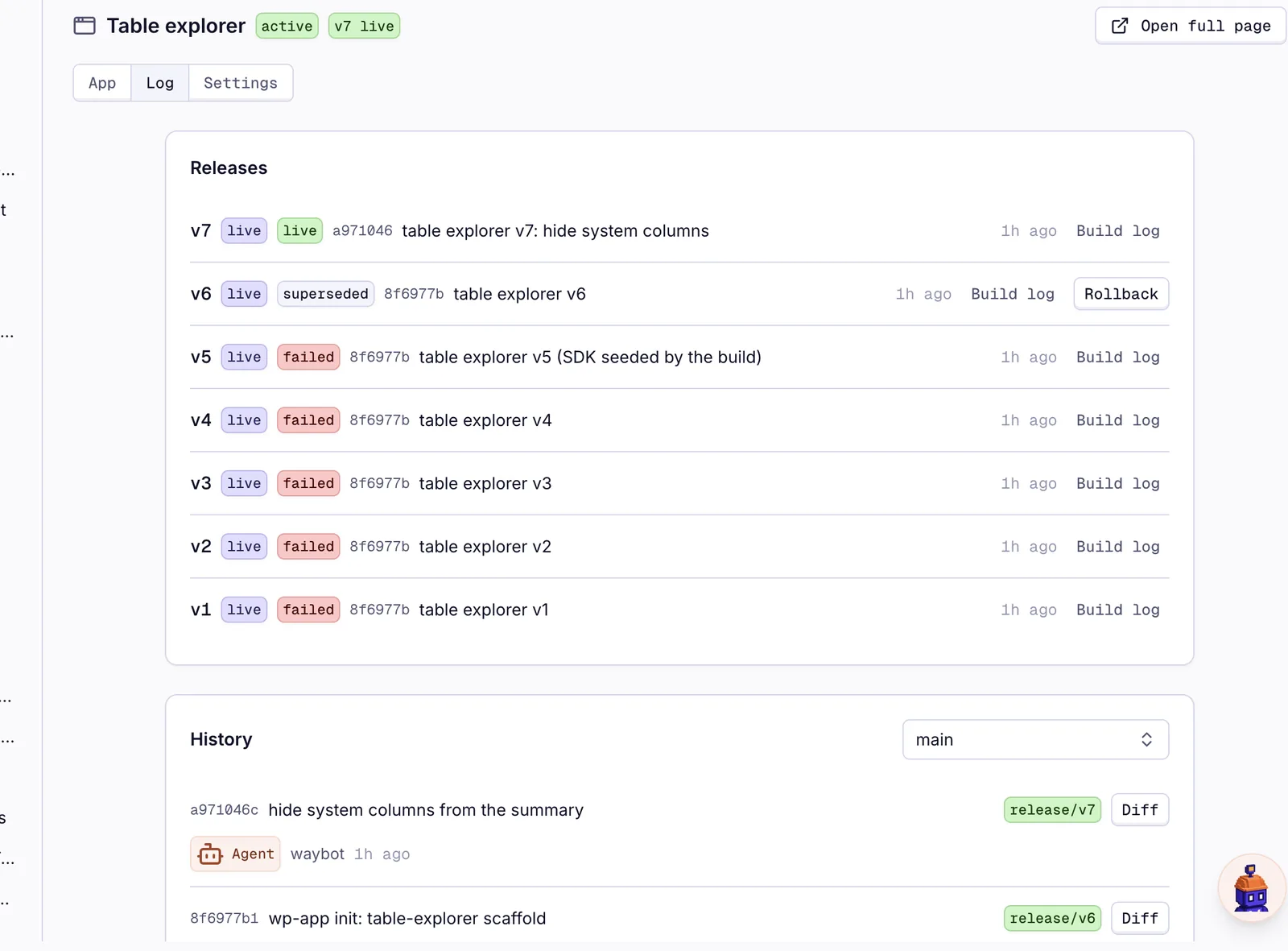 Release log: seven releases of a table explorer, the first five failed builds, v6 superseded and v7 live, with build logs, a rollback button and the git history below showing a commit by Chip
