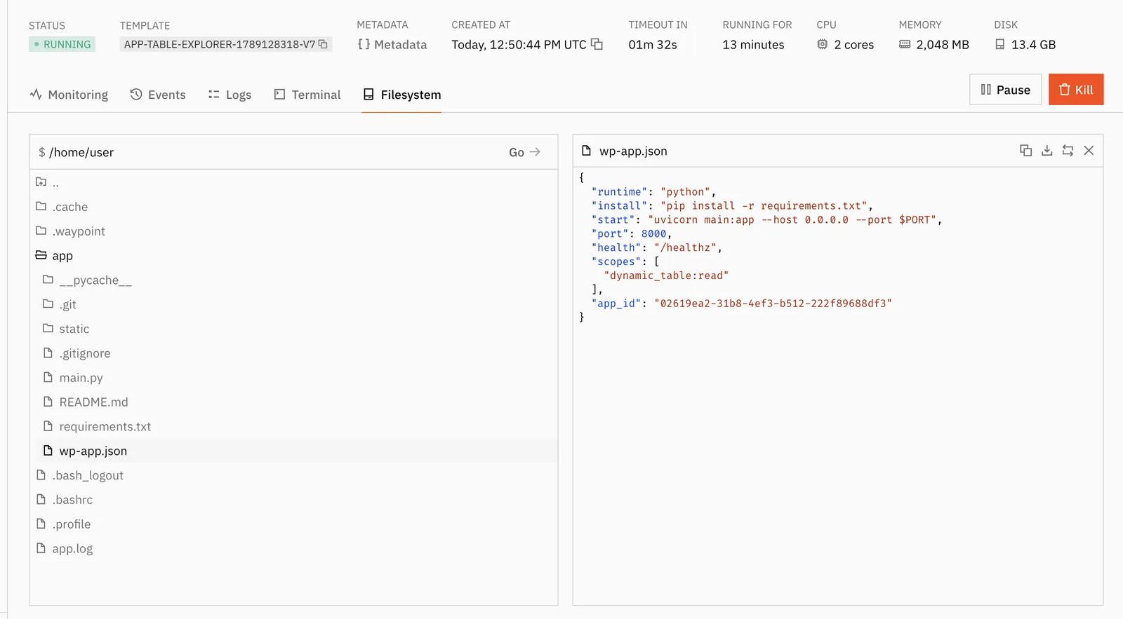 The serving sandbox: running from the app's release, with the app's files and manifest in its filesystem