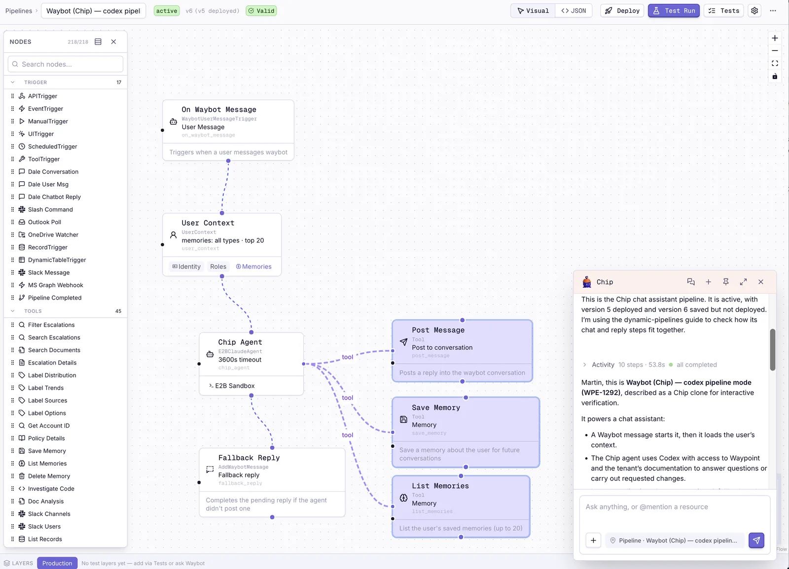 Chip, the in-app assistant, opened over a pipeline it is inspecting