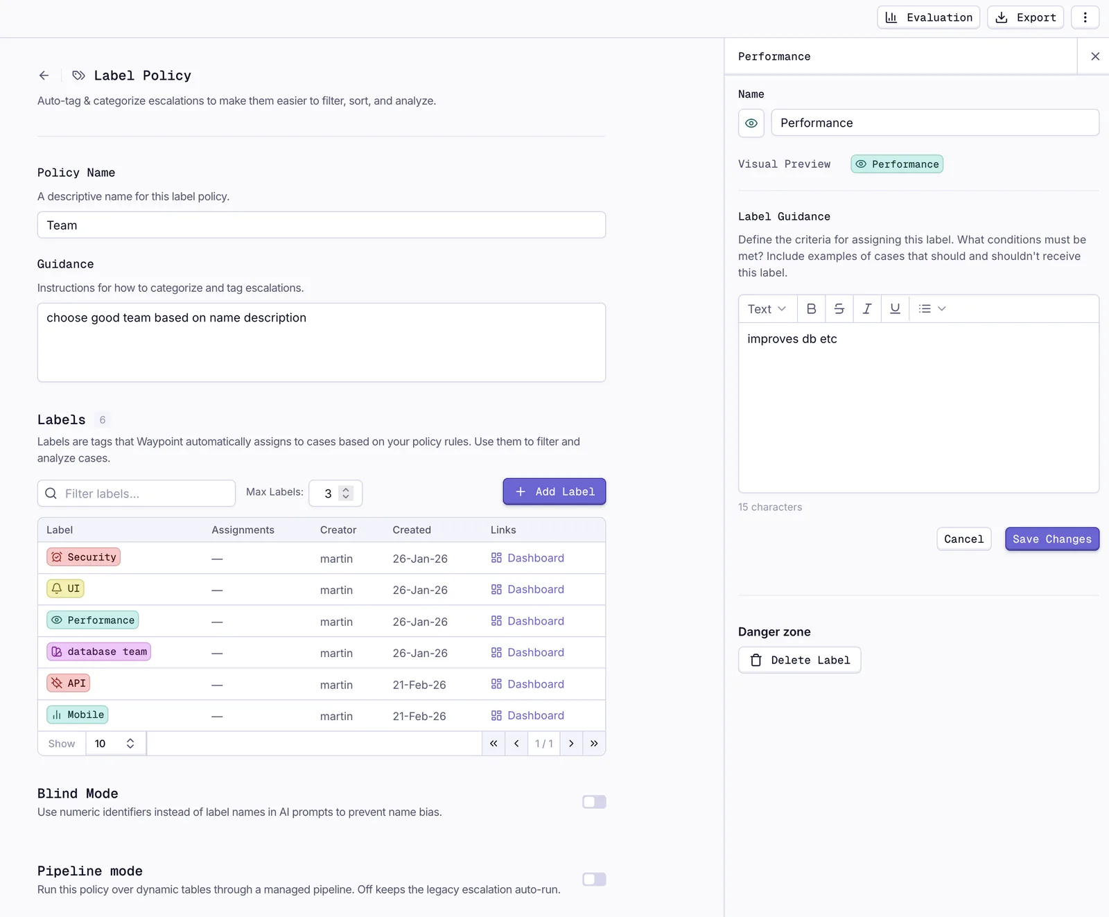 Configuring a label: its prompt and the triggers that evaluate it