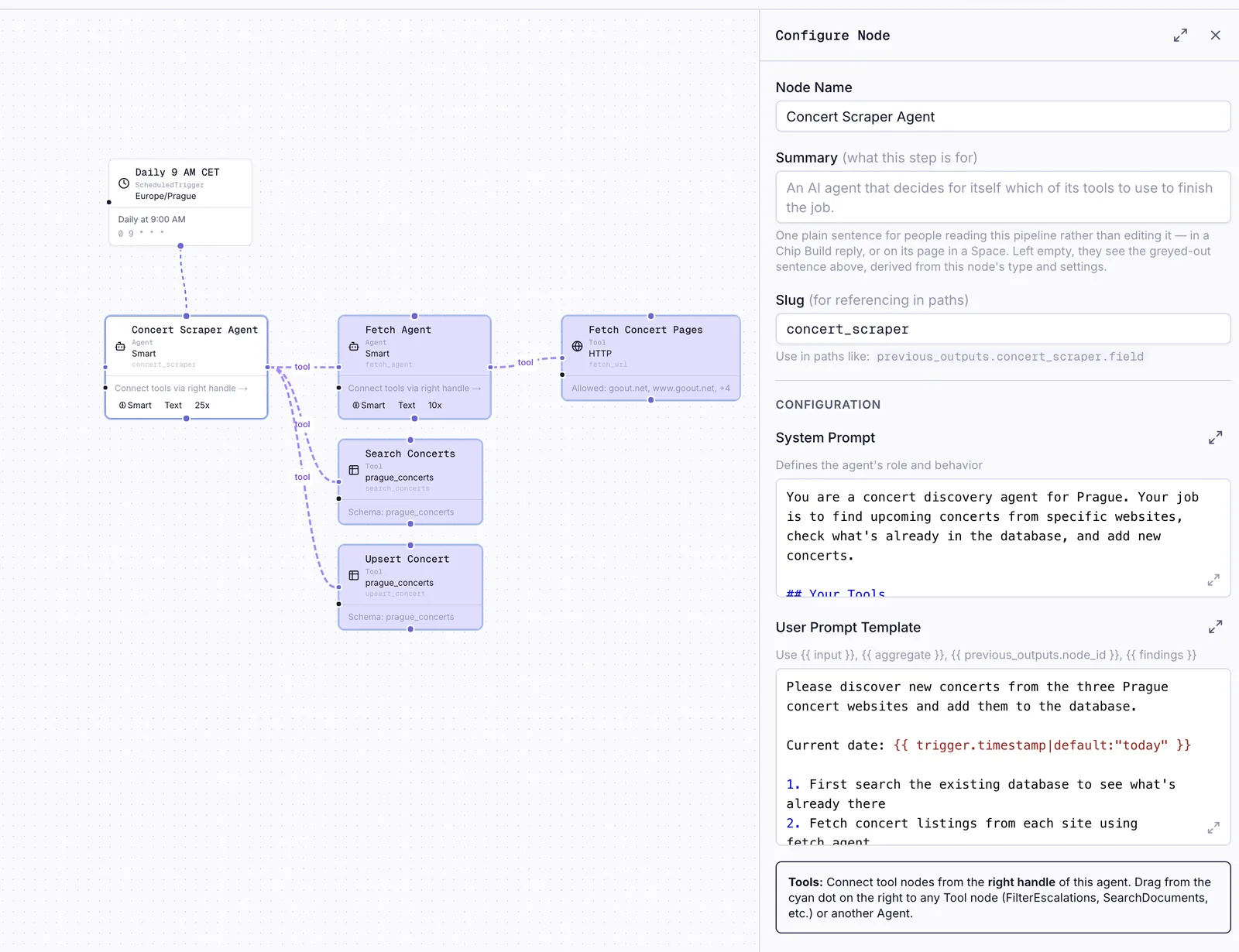 An agent node with a scheduled trigger on the left and its tools fanned out on the right: a sub-agent that downloads whitelisted sites, and tools to save and list rows in a table